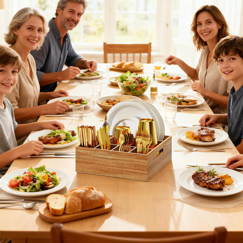 Aofure utensil caddy for party setup with built-in handles for easy transport.