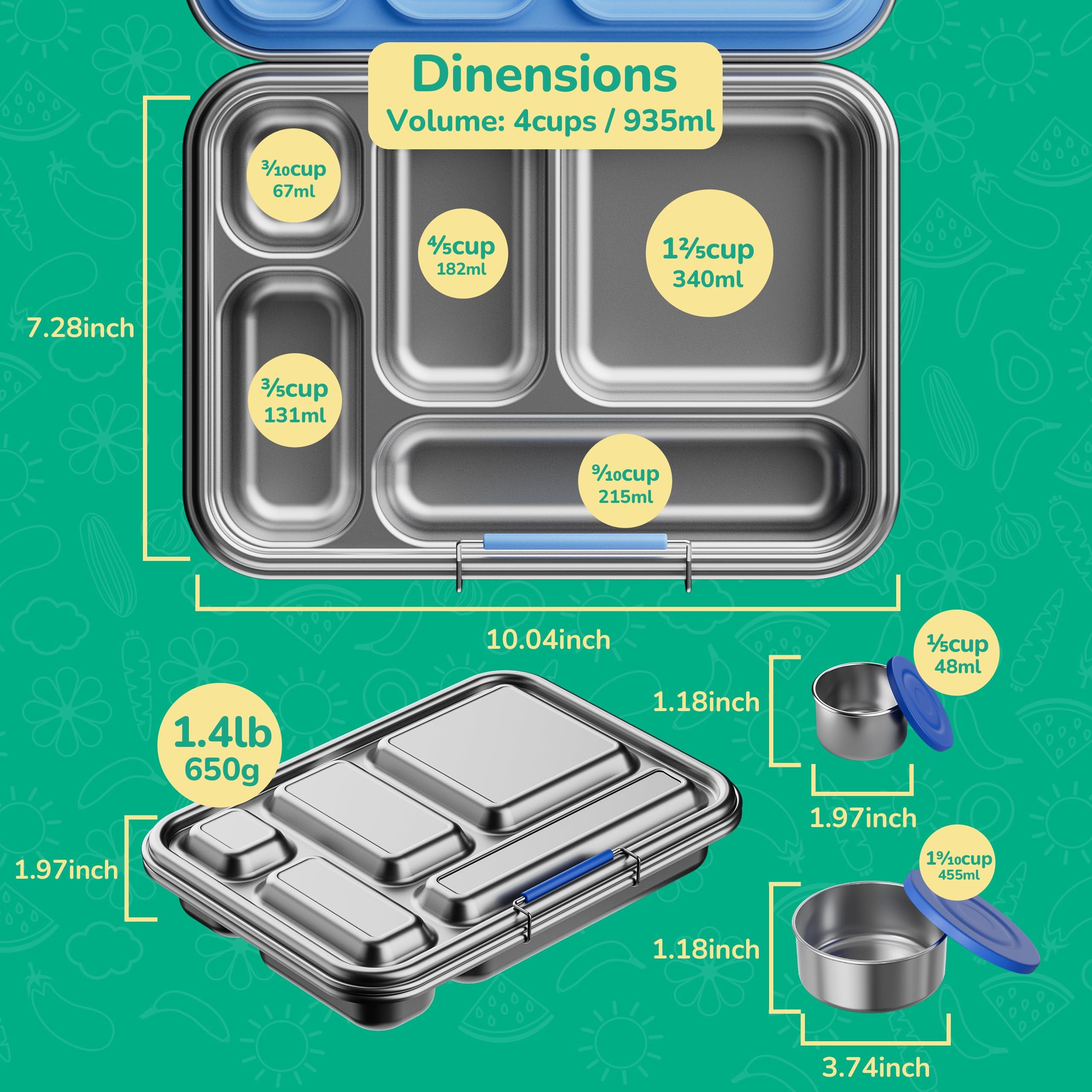 AOHEA bento box with two included containers for sauces and wet foods.