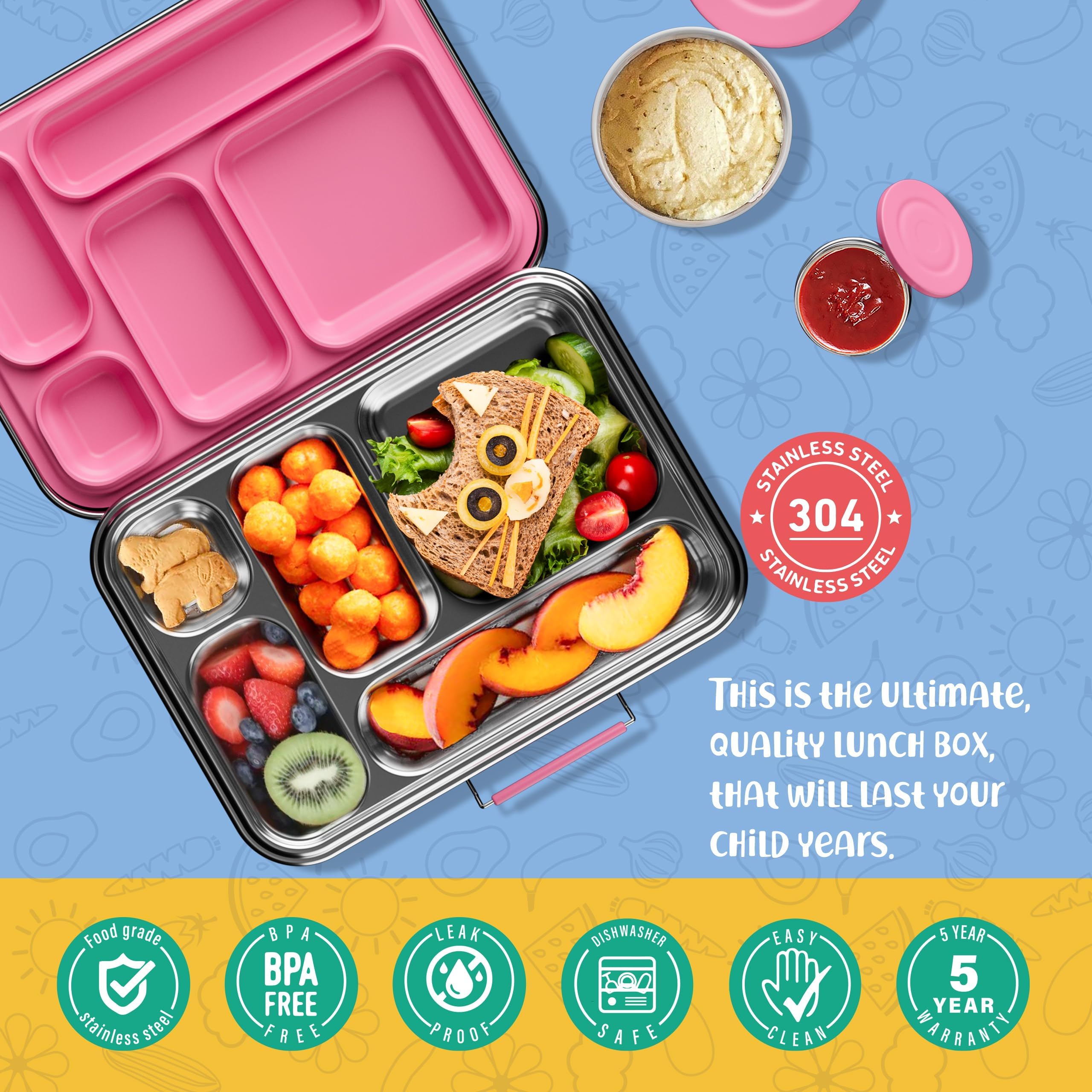 AOHEA Kids Bento Box pink-materials built with 304 stainless steel for durability.