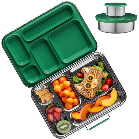 AOHEA stainless steel kids bento box with green lid; durable build for daily school lunches.