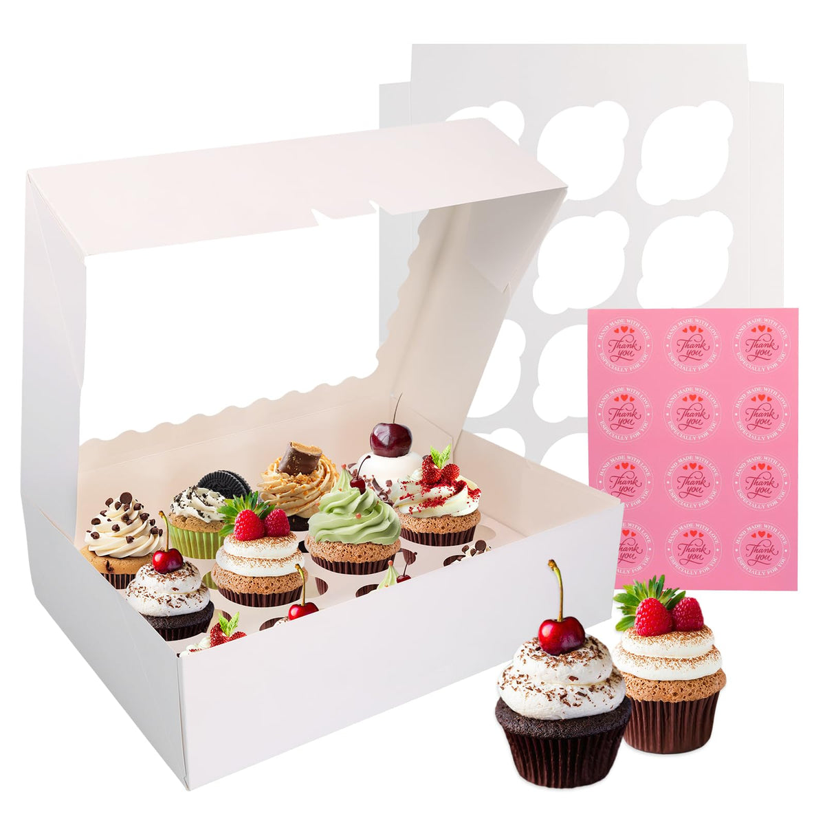 AOJOYS cupcake boxes with window showcase decorated cupcakes while preserving freshness