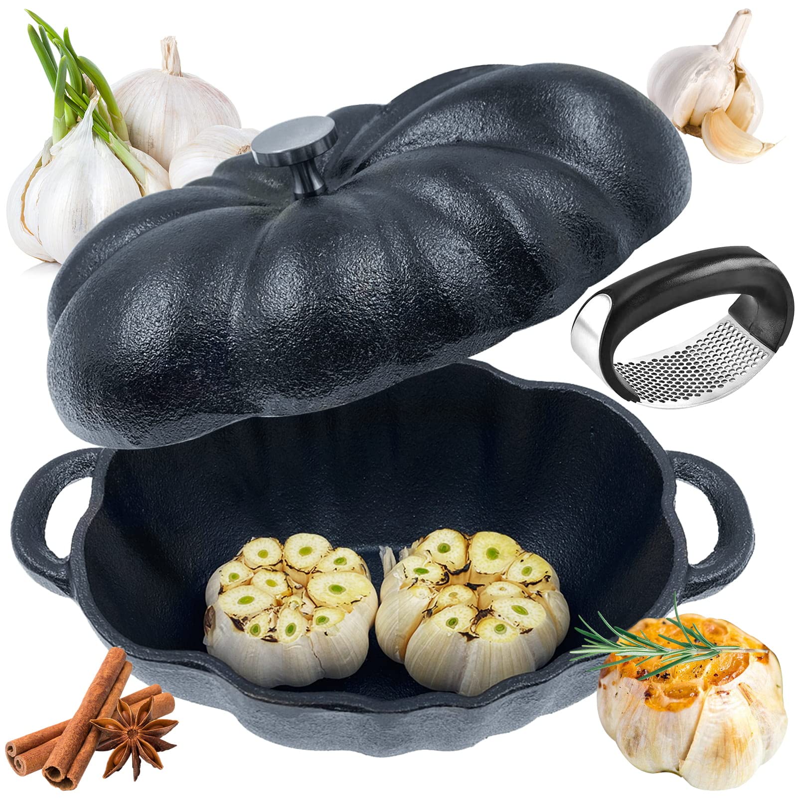 AOKDEER cast iron garlic roaster in oven for even roasting and rich flavor.