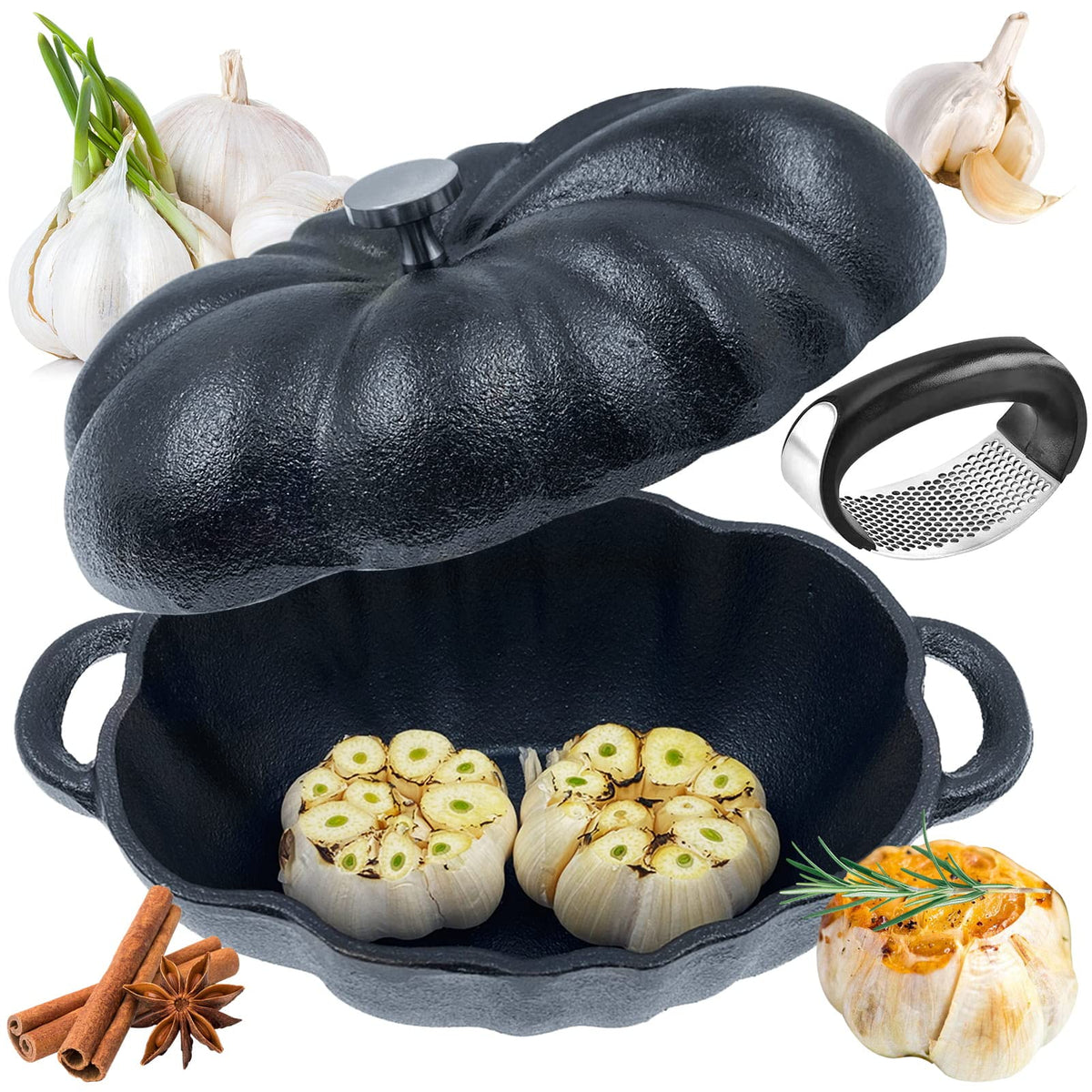 AOKDEER cast iron garlic roaster in oven for even roasting and rich flavor.