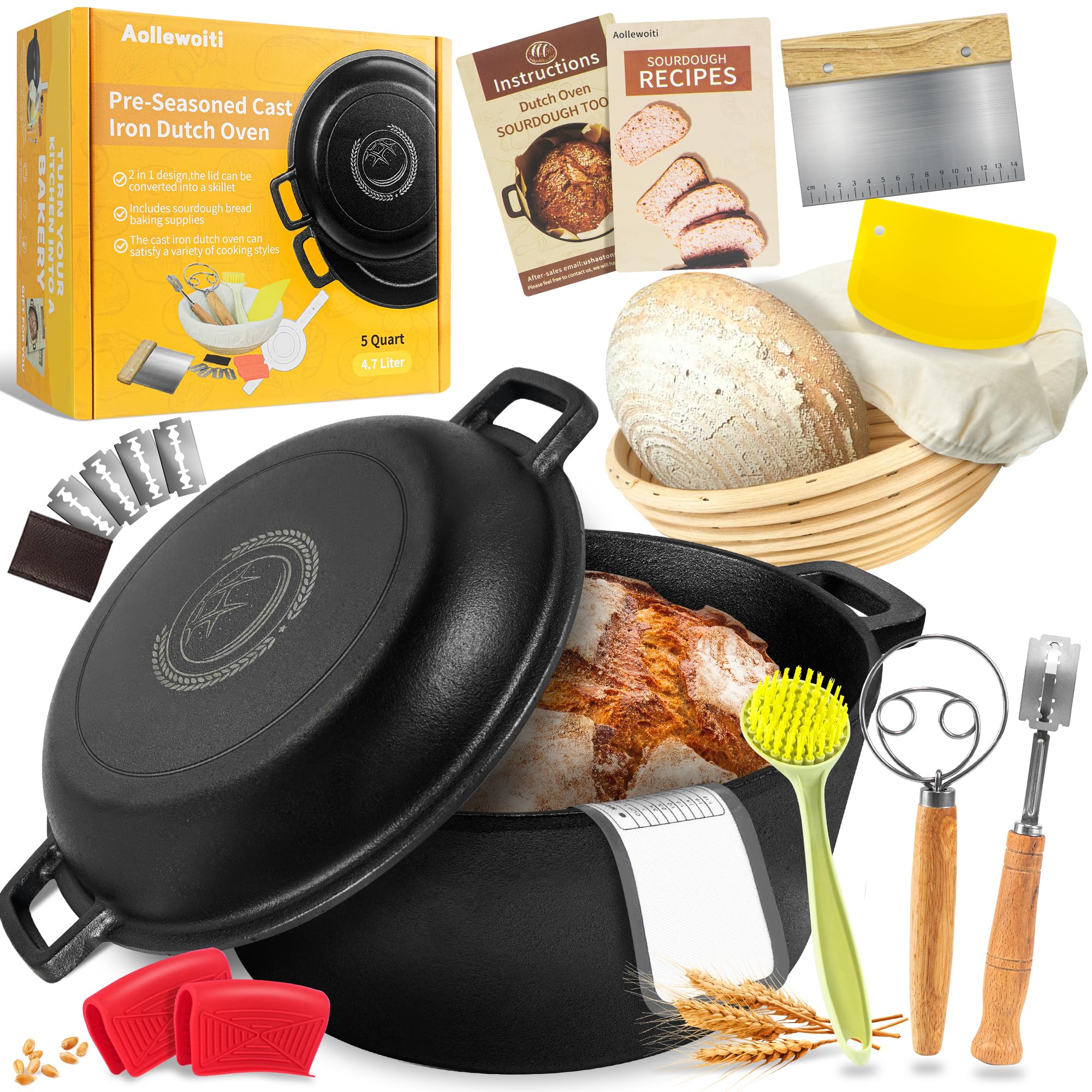 Aollewoiti pre-seasoned Dutch oven with lid, 5 qt capacity for even baking