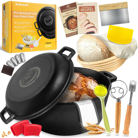 Aollewoiti pre-seasoned Dutch oven with lid, 5 qt capacity for even baking