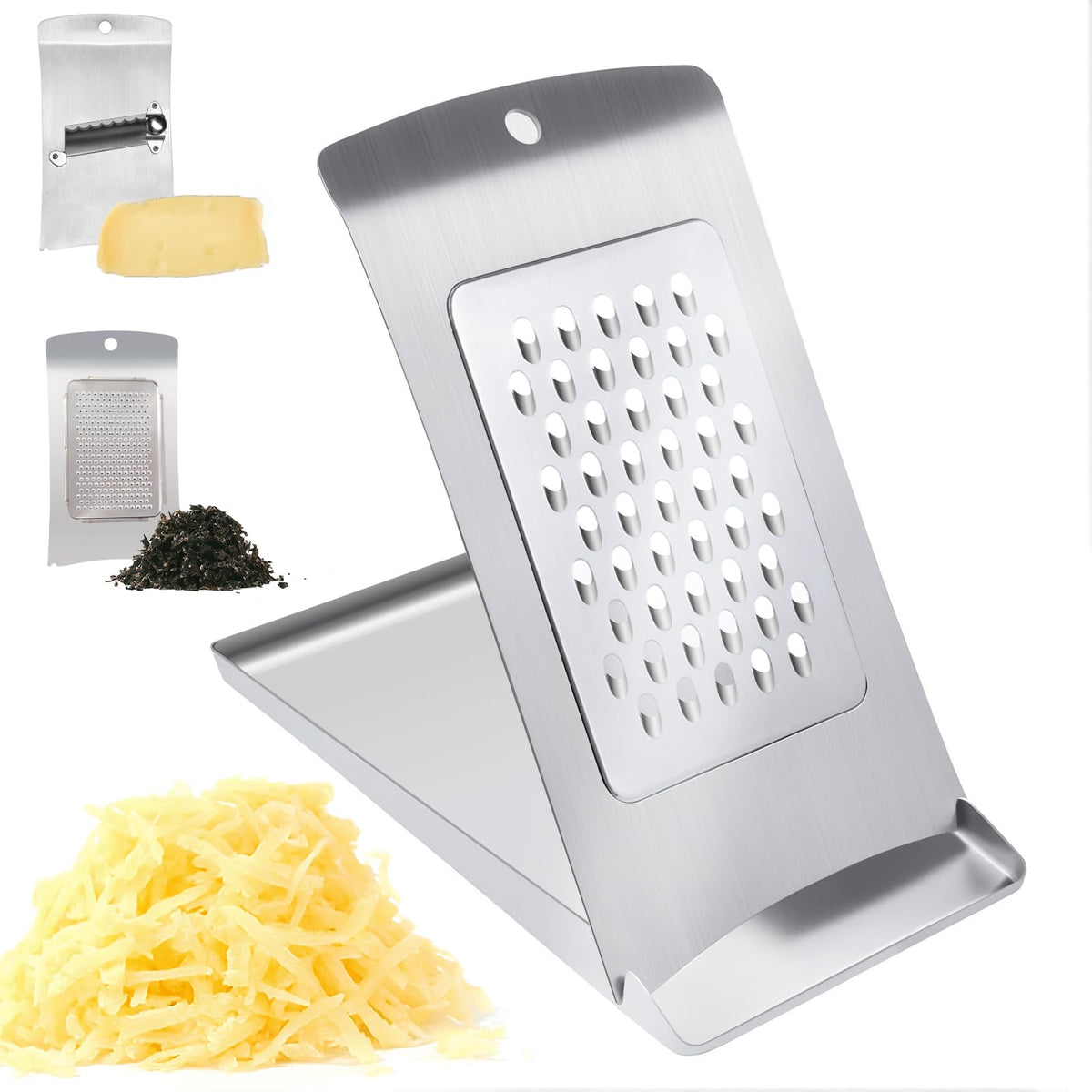 Close-up of Aolzg 3-in-1 cheese grater set with durable 430 stainless blades.