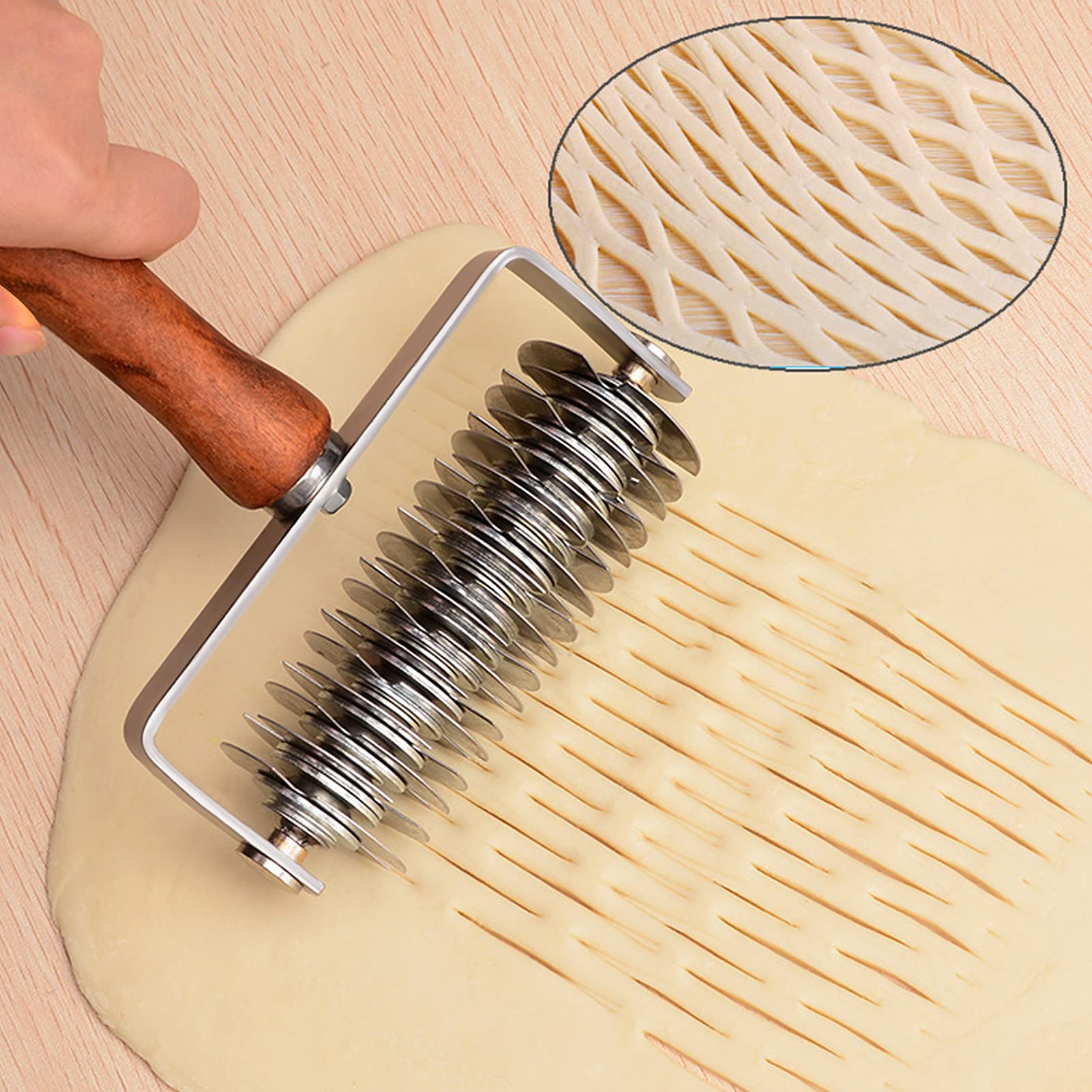 Aonagi wood handle detail shows comfortable grip during dough rolling