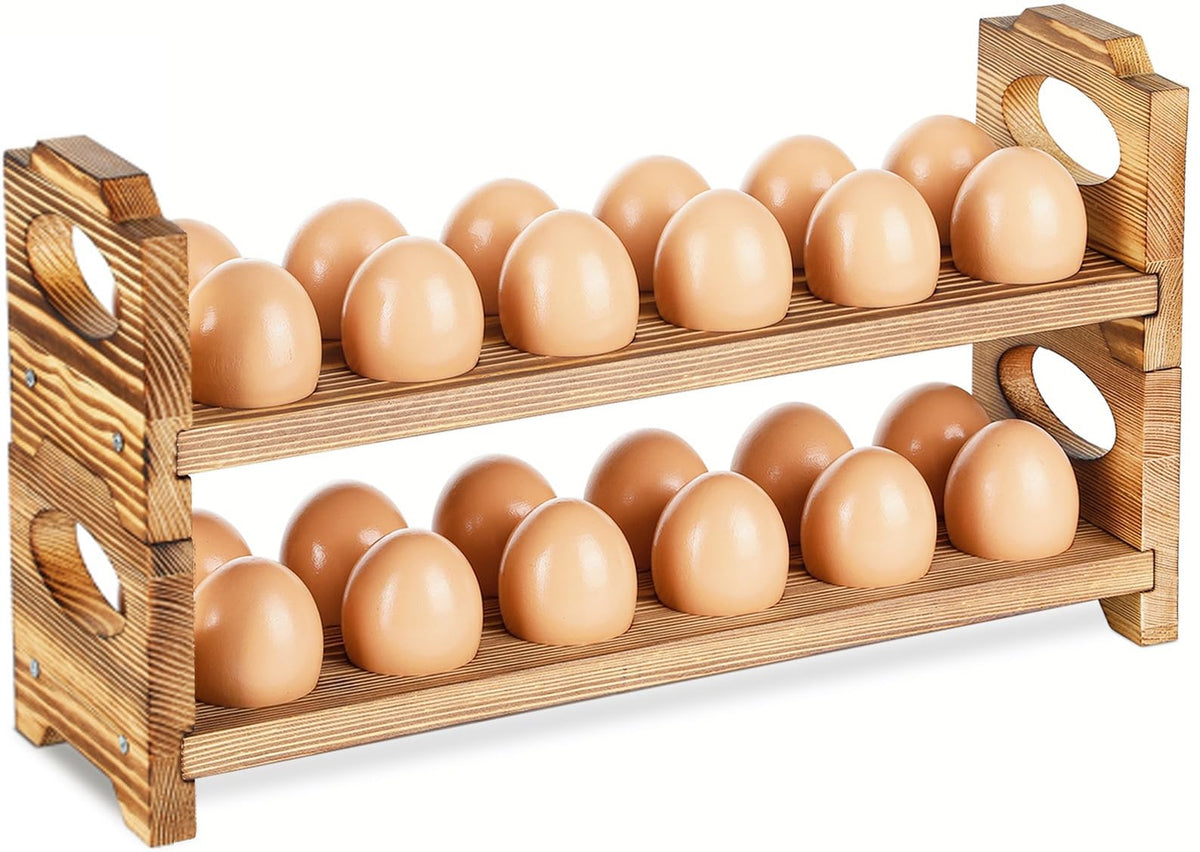 AOOHOOA Wooden Egg Holder with 24 holes secures fresh eggs on the counter.
