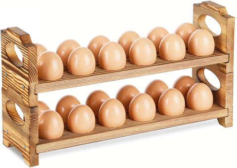 AOOHOOA Wooden Egg Holder with 24 holes secures fresh eggs on the counter.