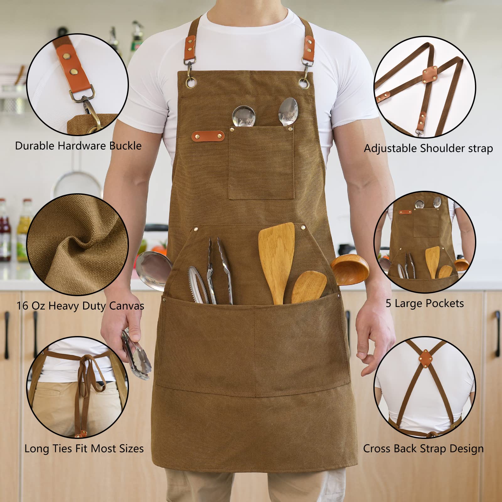 Aoomzoon brown canvas apron suitable for professional kitchen use