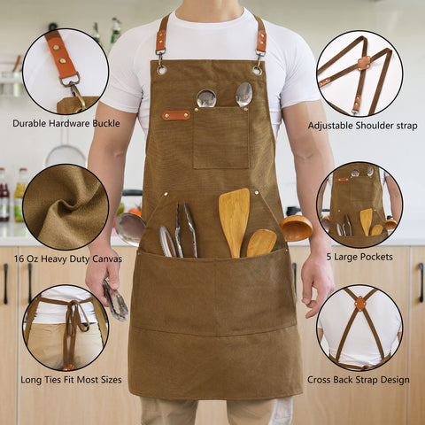 Aoomzoon brown canvas apron suitable for professional kitchen use