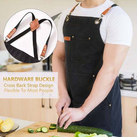 Aoomzoon canvas apron shows large front pockets for tools and phone