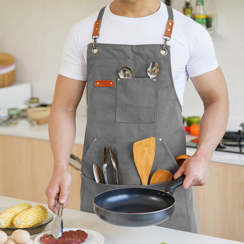Aoomzoon gray apron buckle and rivet details for a stylish professional look