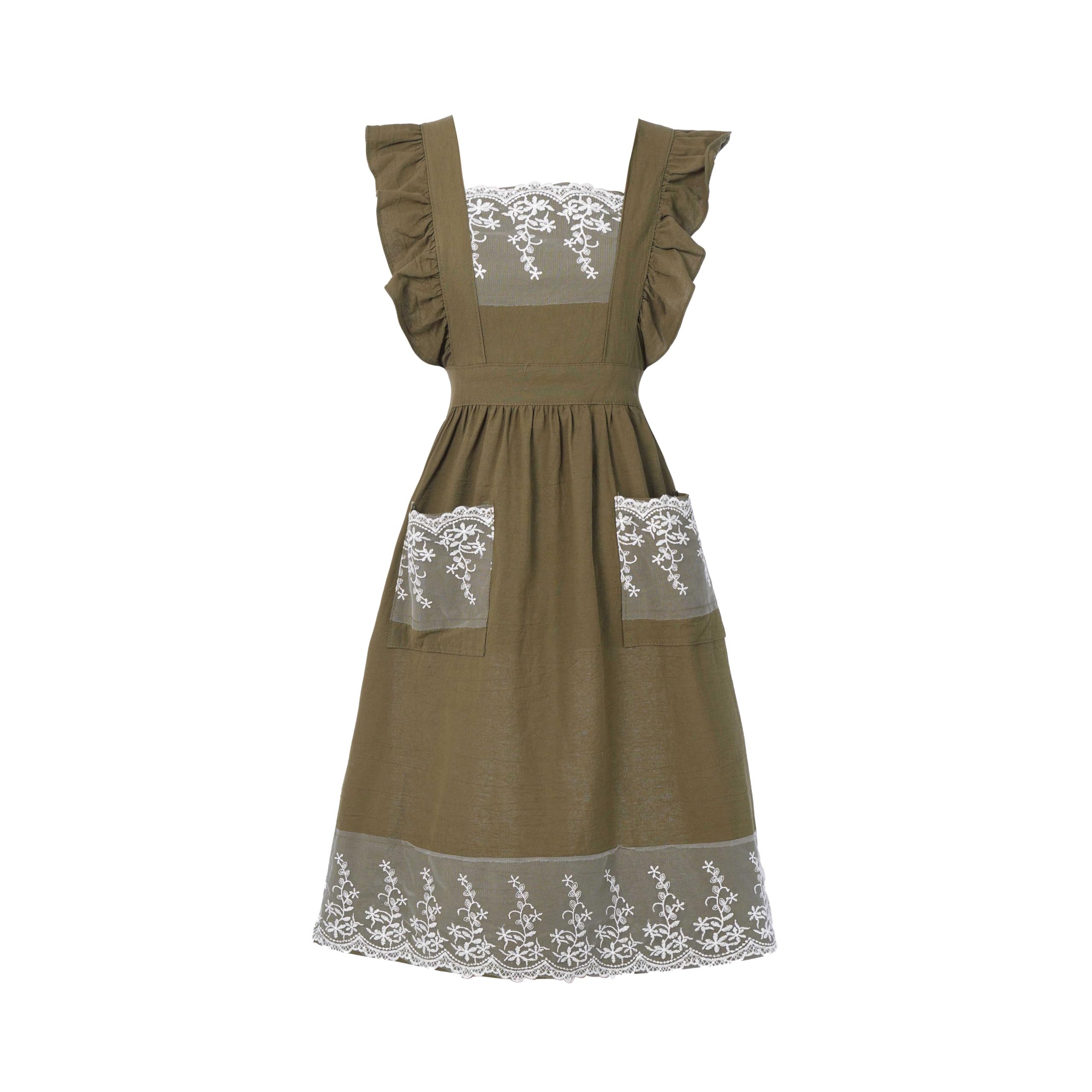 Aoomzoon vintage apron with pockets and lace detail for organized cooking in army green.