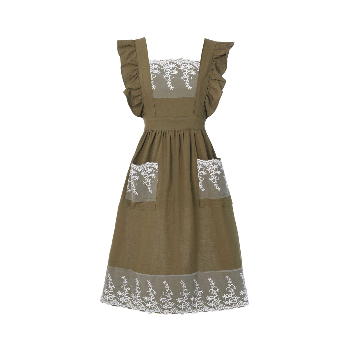 Aoomzoon vintage apron with pockets and lace detail for organized cooking in army green.