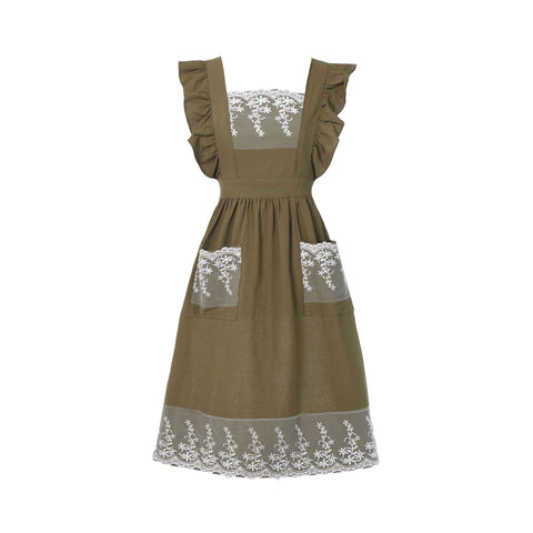Aoomzoon vintage apron with pockets and lace detail for organized cooking in army green.