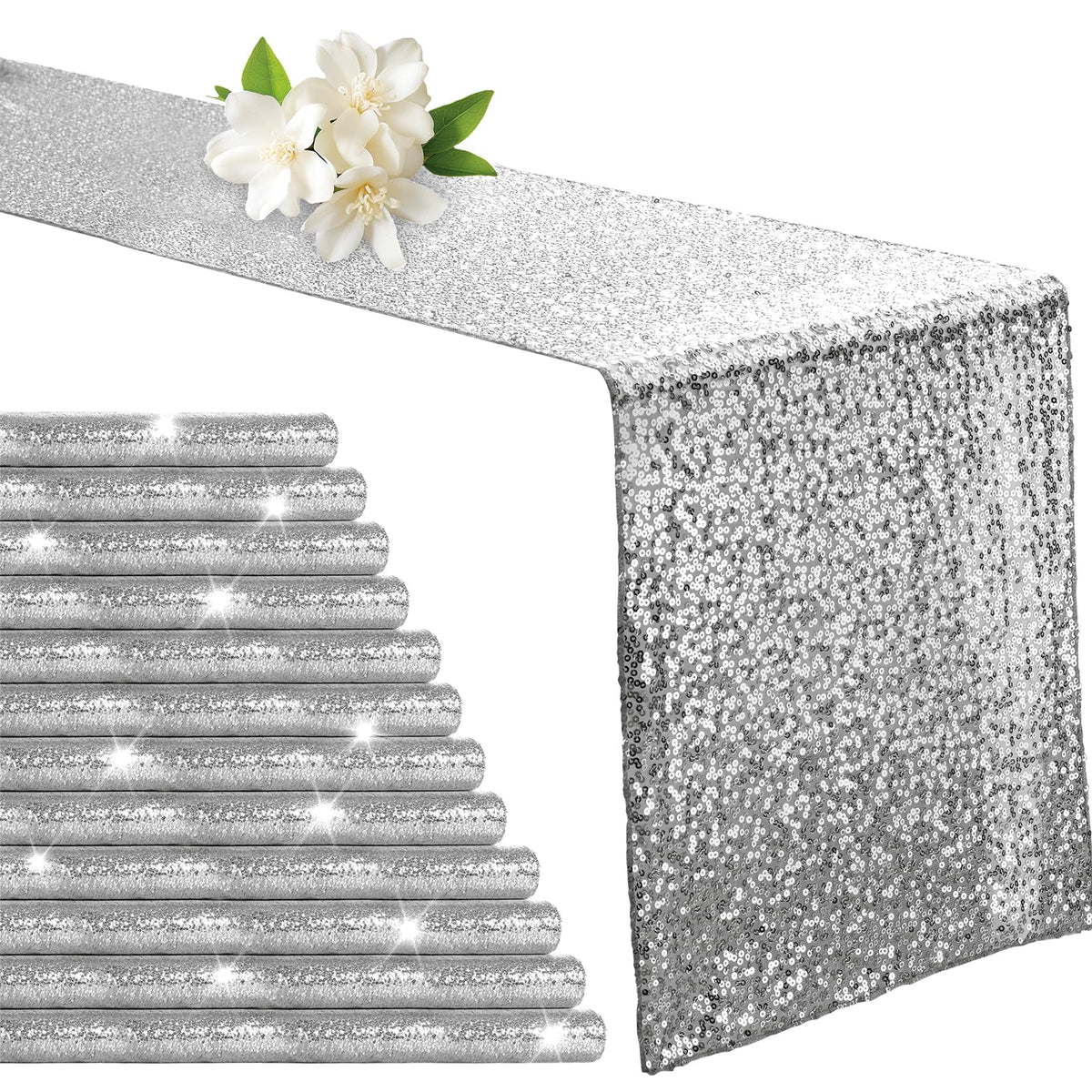 Aormenzy silver sequin table runner laid on a dining table adding sparkle