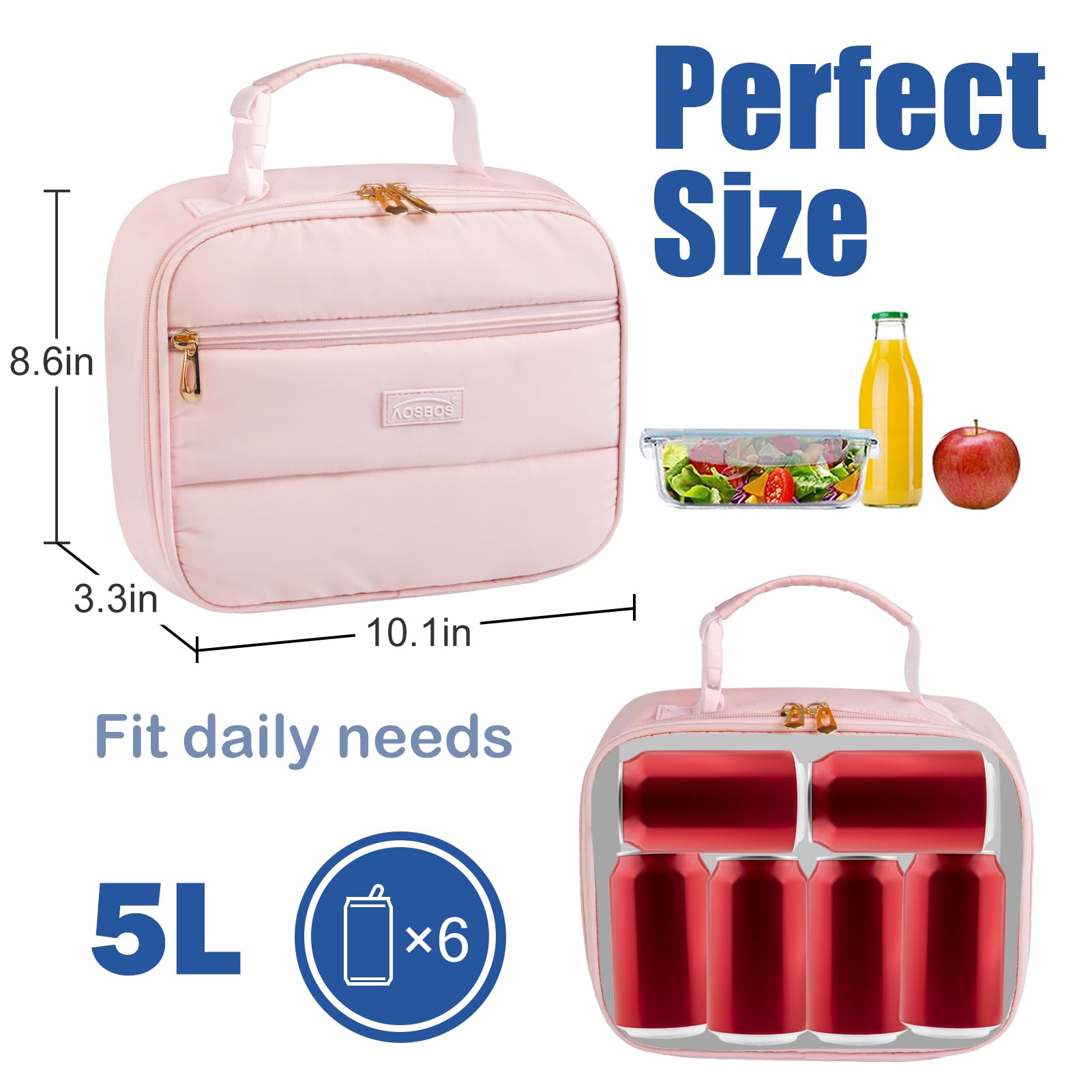 Aosbos compact lunch bag fits a main container and snacks