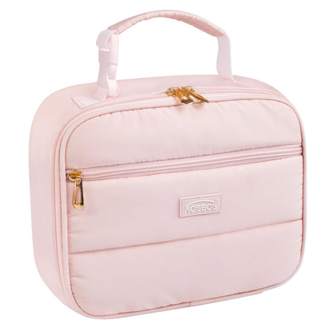Aosbos insulated lunch bag in pink quilted exterior for stylish work meals