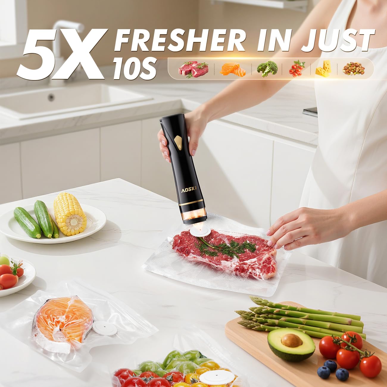 AOSKI sealer with 60kPa suction seals bags tightly, preserving freshness