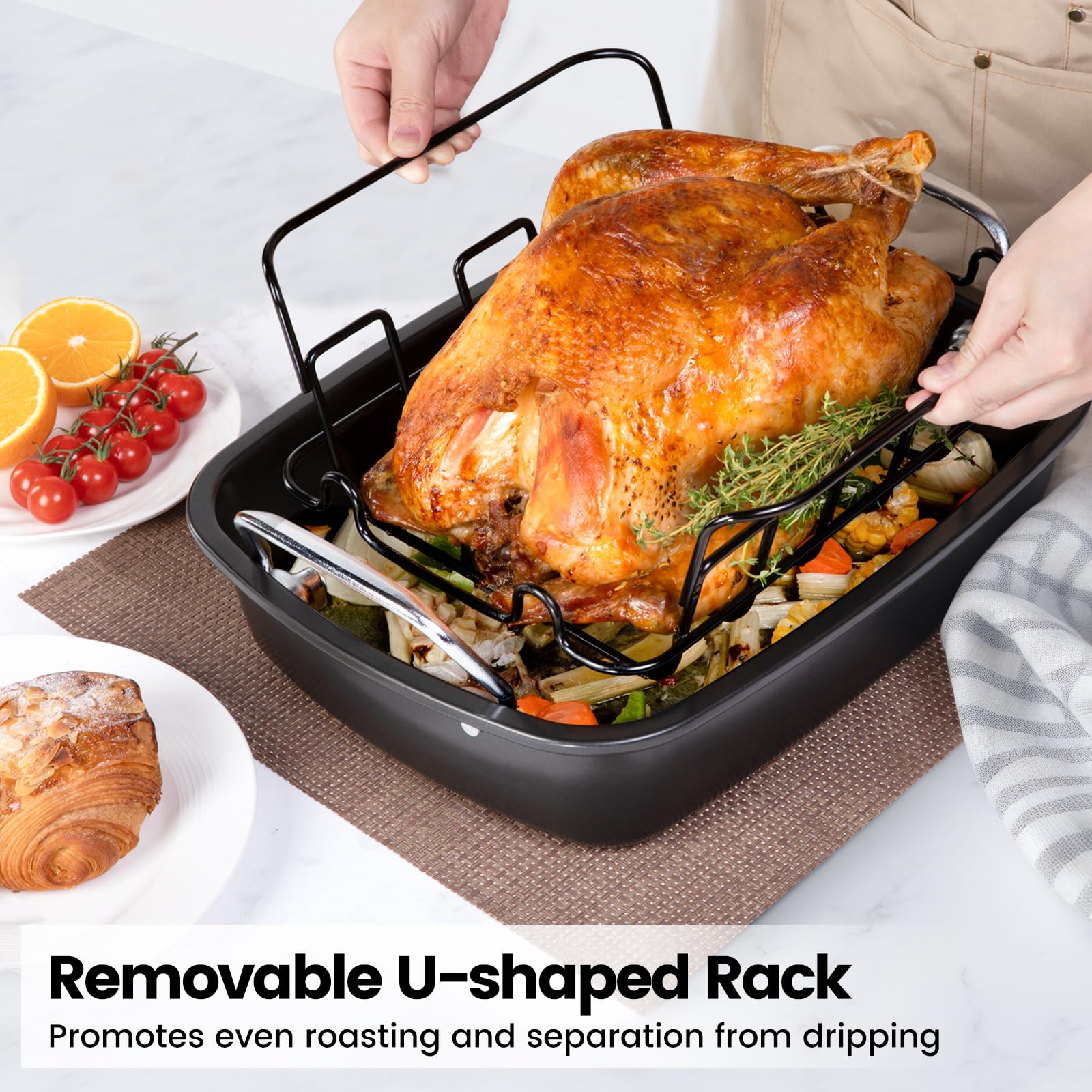 AOTASO carbon steel roaster offers durable, warp-resistant construction