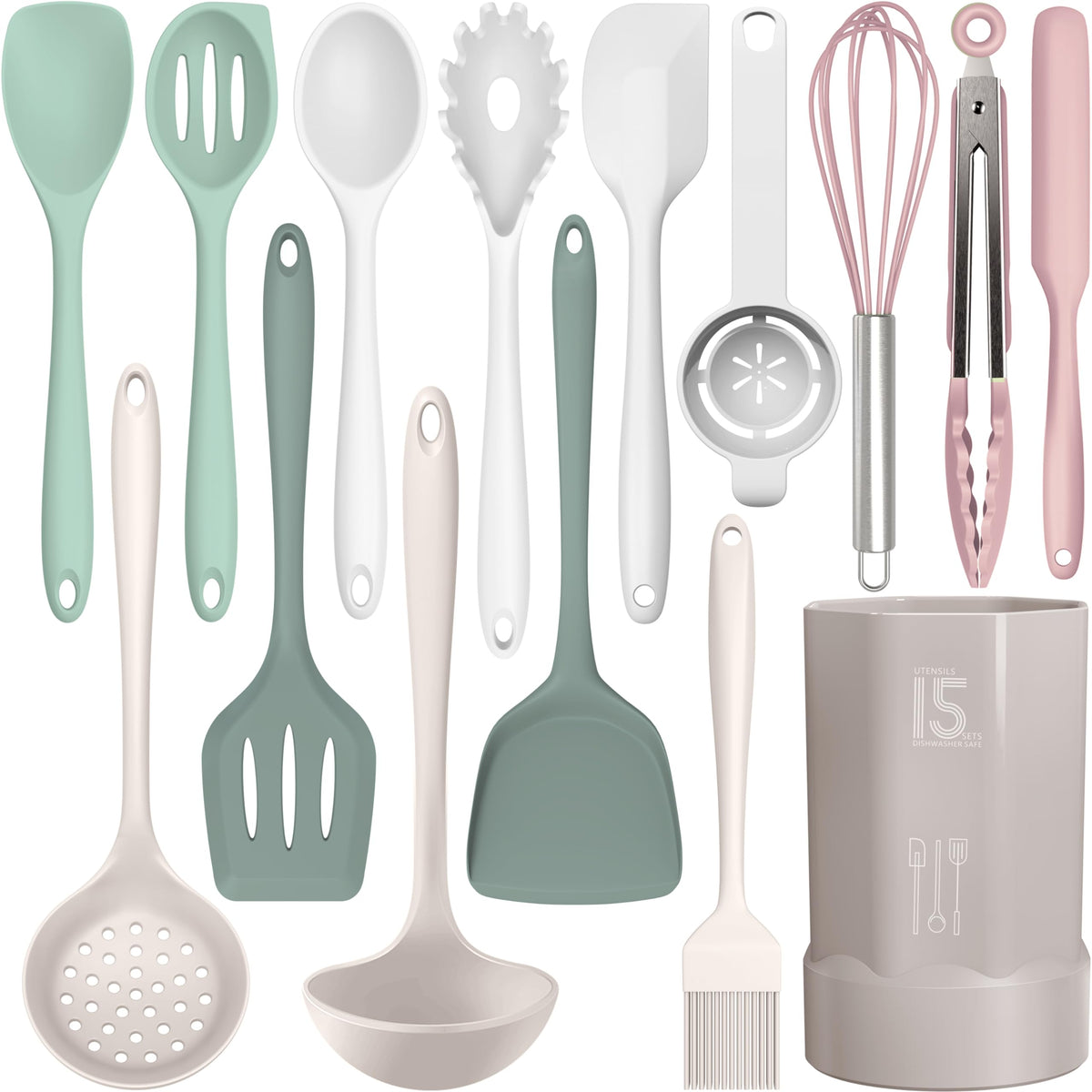 AOTHOD silicone utensils set collection on countertop, versatile for daily cooking.