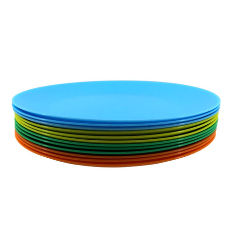 AOYITE 12-piece plastic dinner plates in vibrant colors, easy to stack for storage.