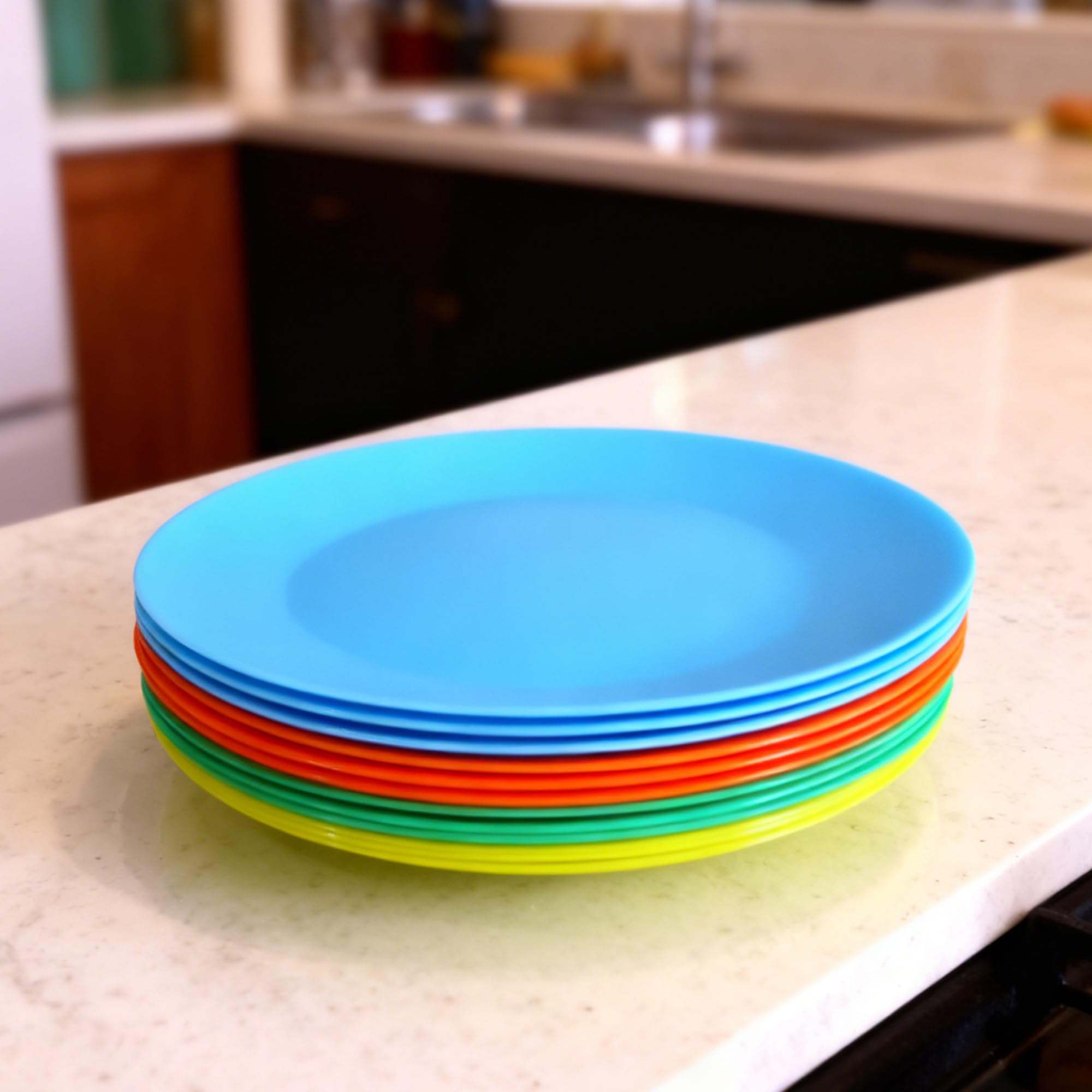 AOYITE plates stacked neatly to illustrate space-saving, compact storage.
