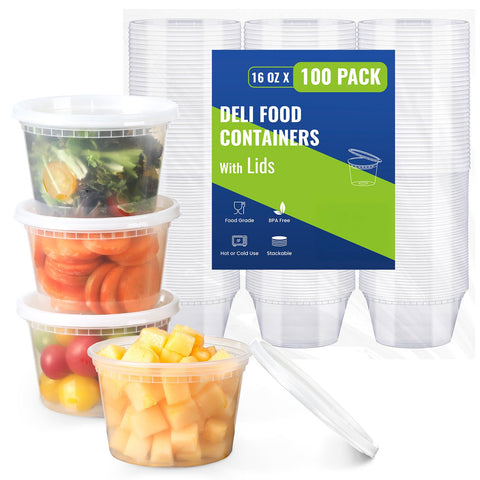 AOZITA 100-set 16 oz deli containers with lids for organized meal prep.
