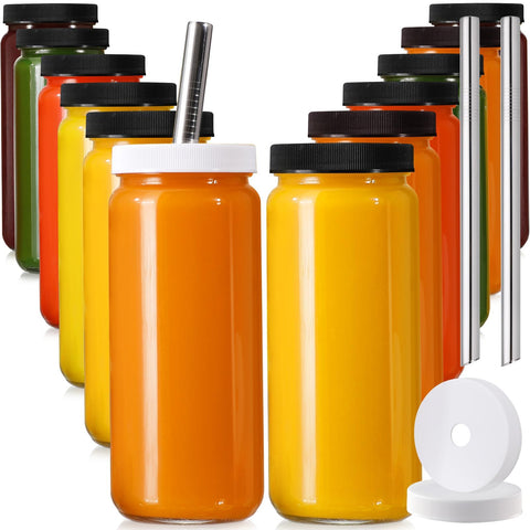 AOZITA 12-pack 16oz glass bottles with lids, ideal for organized juice prep.