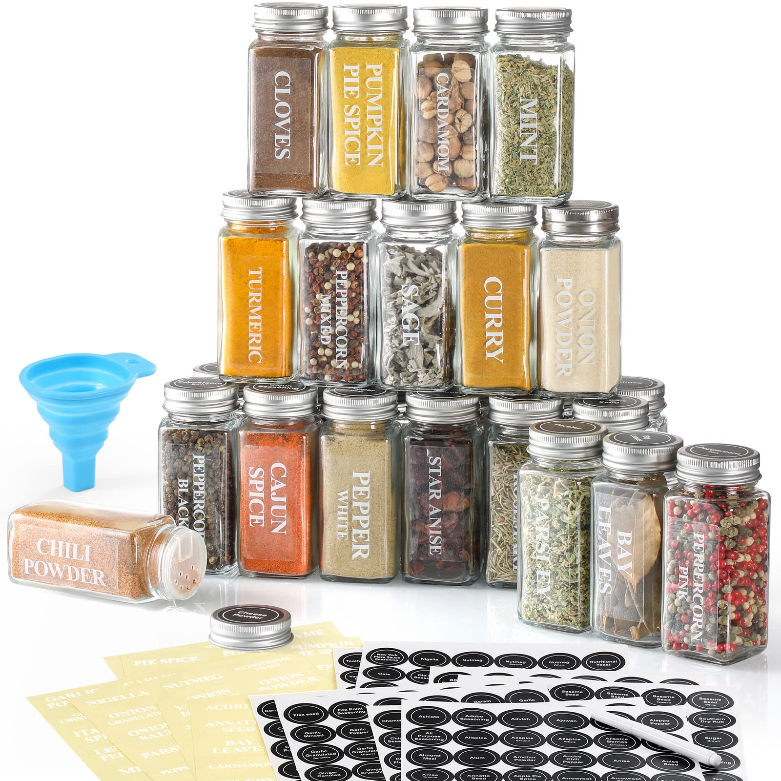 AOZITA 24-pcs glass spice jars set with labels for organized kitchen storage