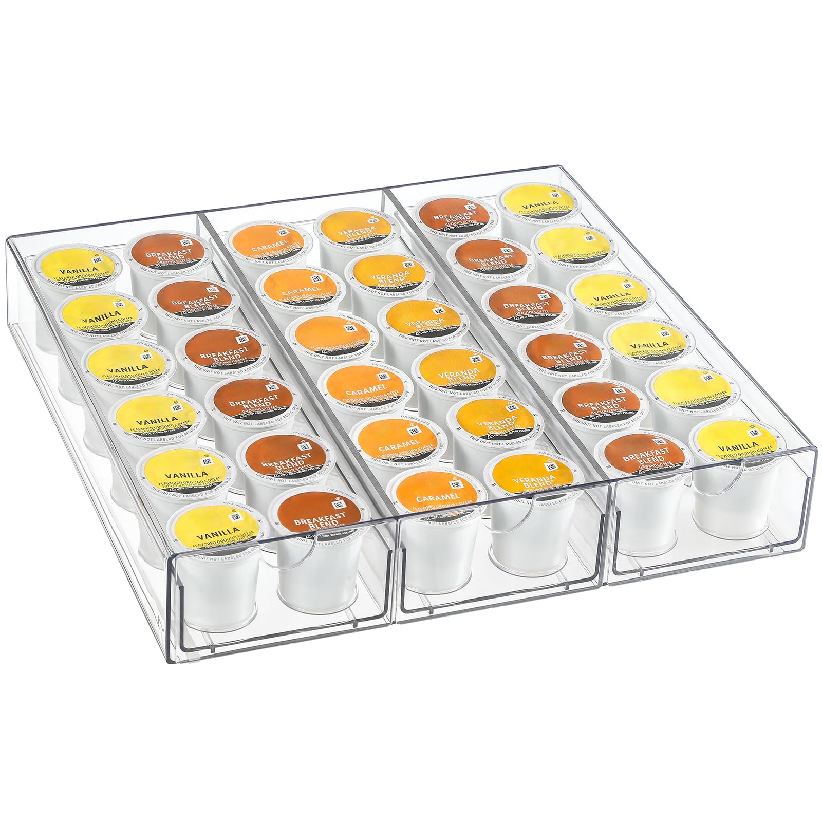 AOZITA clear acrylic coffee pod holder front view showing 36-pod capacity for quick access.