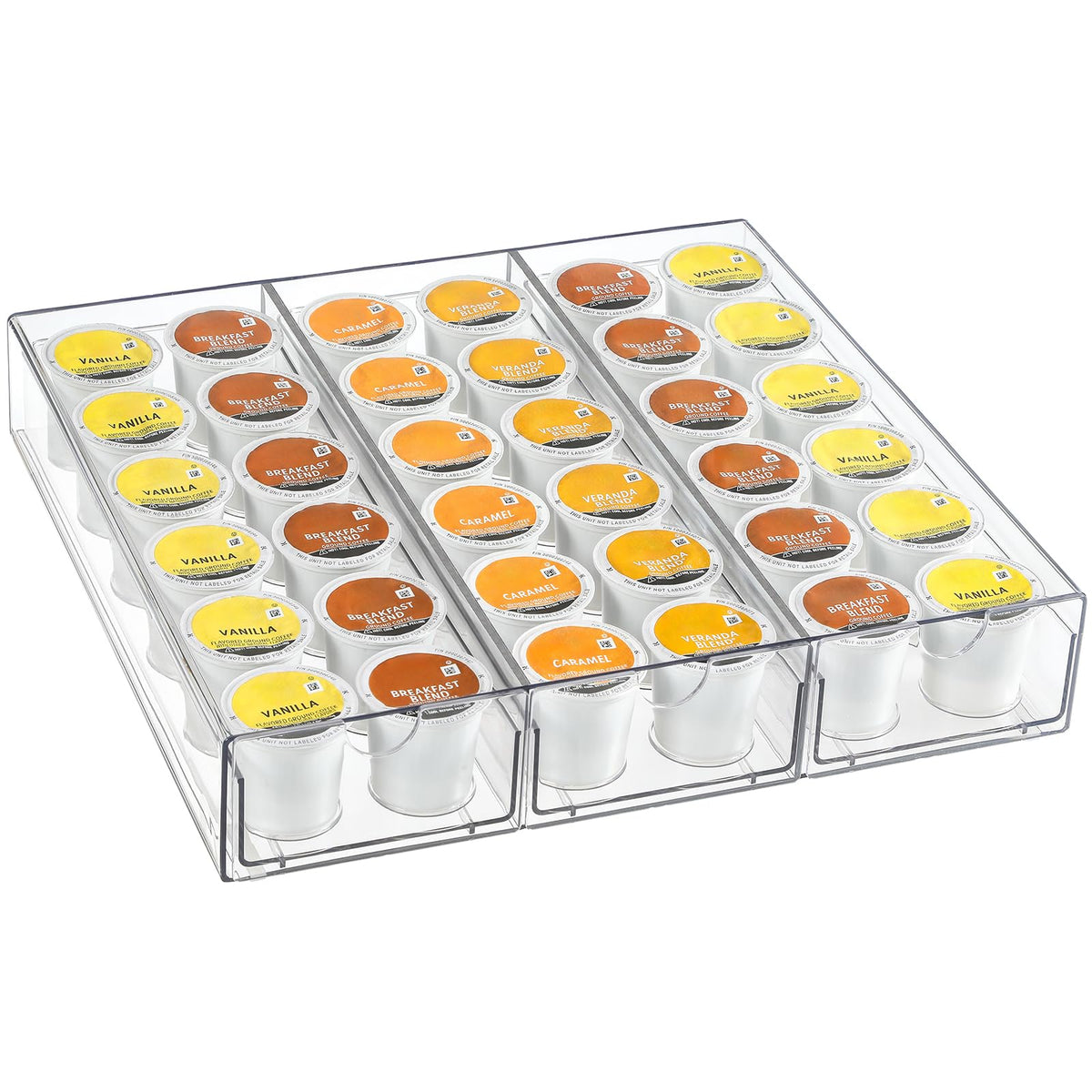 AOZITA clear acrylic coffee pod holder front view showing 36-pod capacity for quick access.