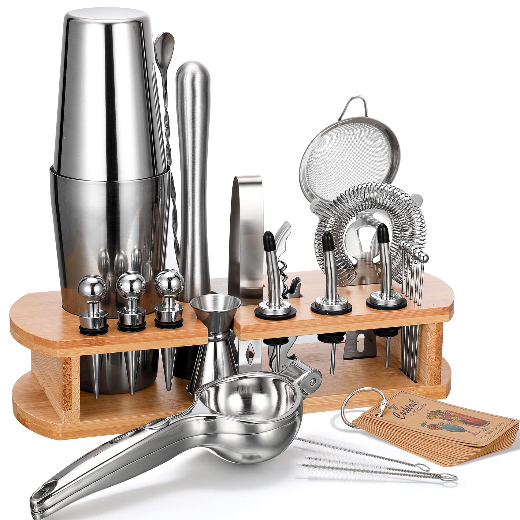 AOZITA cocktail shaker set on bamboo stand for organized bar tools.