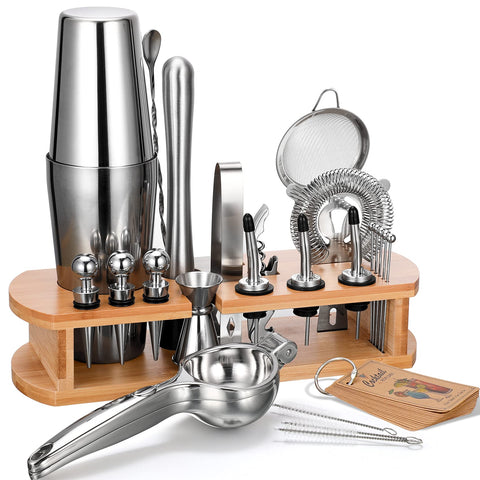 AOZITA cocktail shaker set on bamboo stand for organized bar tools.