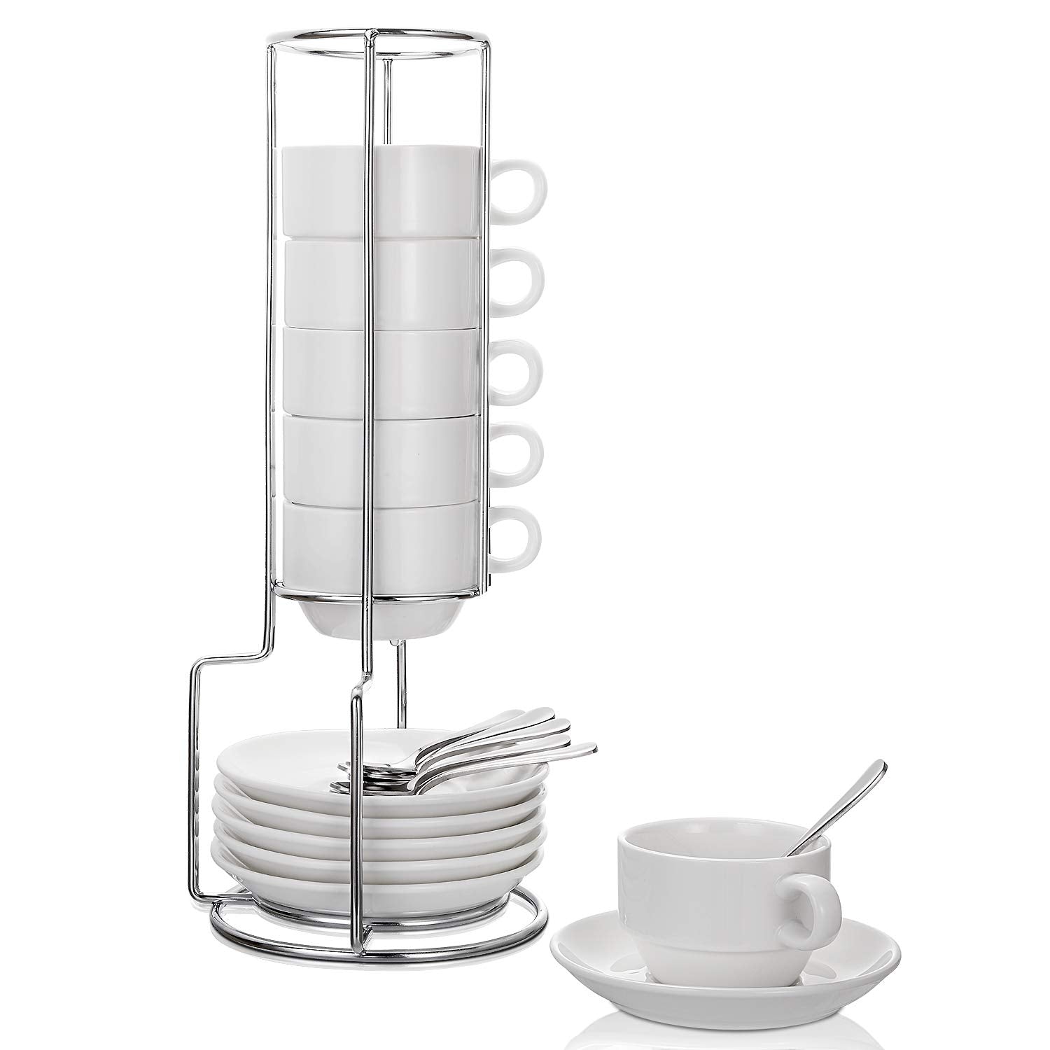 AOZITA espresso cups with saucers and spoons in a compact stackable set.