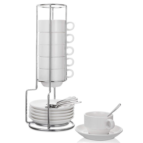 AOZITA espresso cups with saucers and spoons in a compact stackable set.