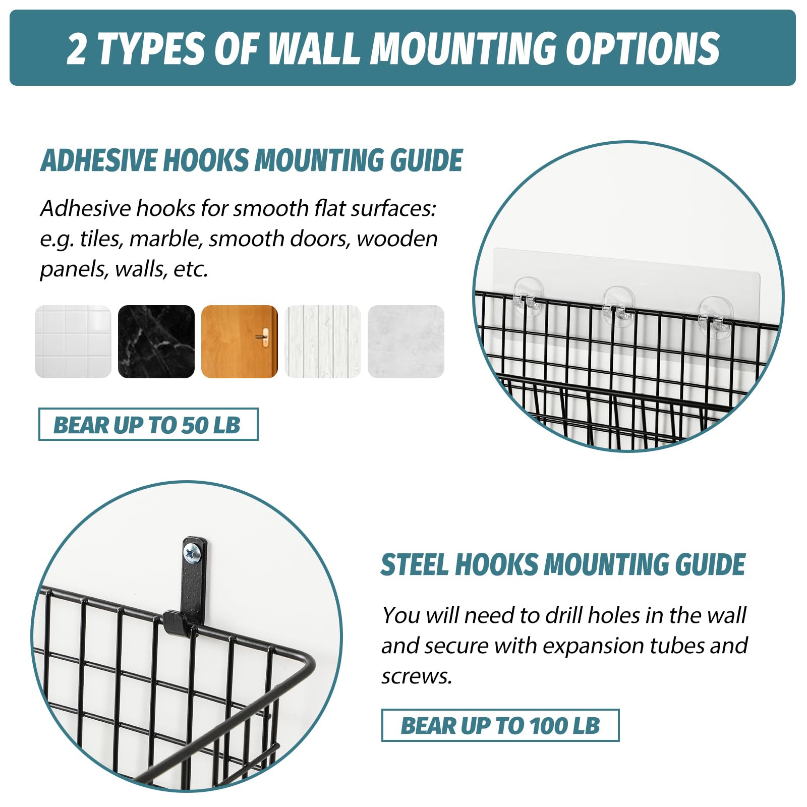 AOZITA wall baskets with steel hooks provide sturdy wall organization.