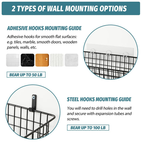 AOZITA wall baskets with steel hooks provide sturdy wall organization.