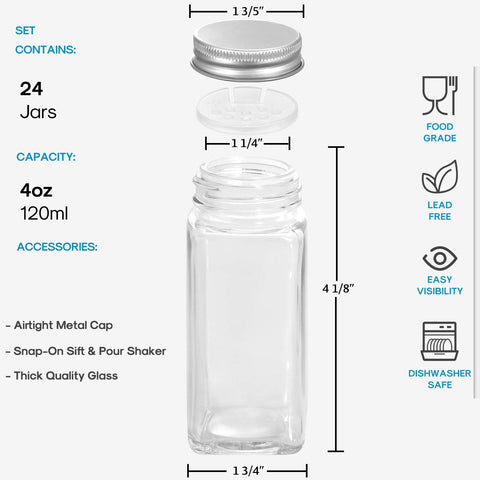 AOZITA square 4oz spice bottles in clear glass with metal caps