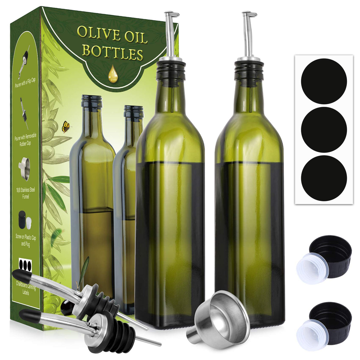 AOZITA two-pack olive oil dispenser bottles with drip-free pour spouts for clean pours