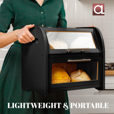 Apace Living Arise bamboo bread box on the countertop keeps bread accessible and tidy