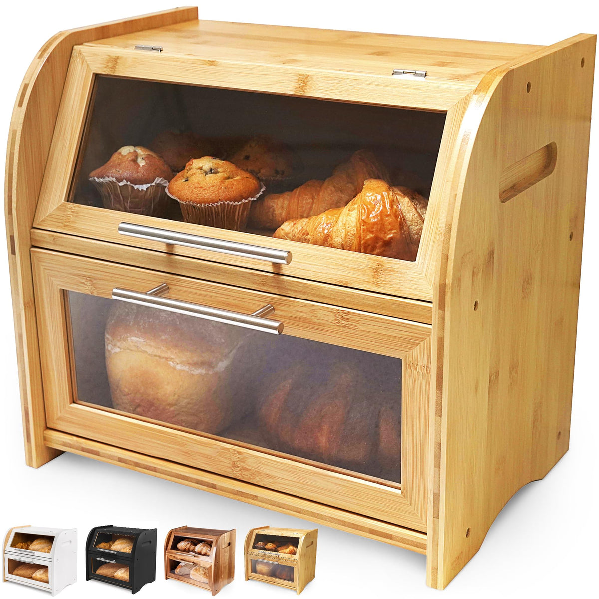Apace Living Arise bamboo bread box front view with two shelves and clear windows