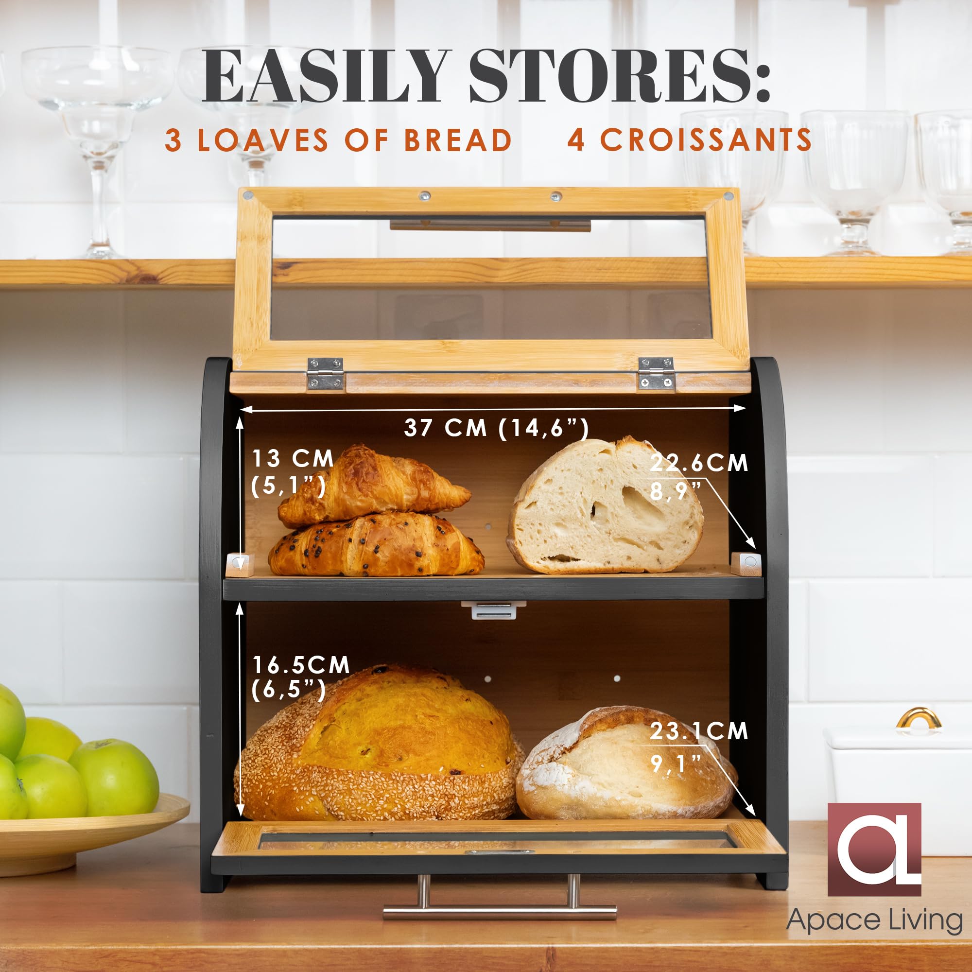 Apace Living Arise bamboo bread box open lid reveals organized interior for loaf storage