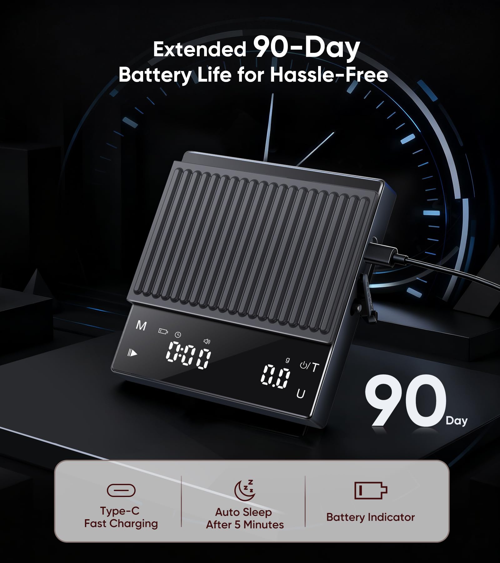 ApeWeghr scale highlights long battery life suitable for cafe or travel use.