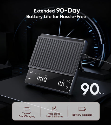 ApeWeghr scale highlights long battery life suitable for cafe or travel use.