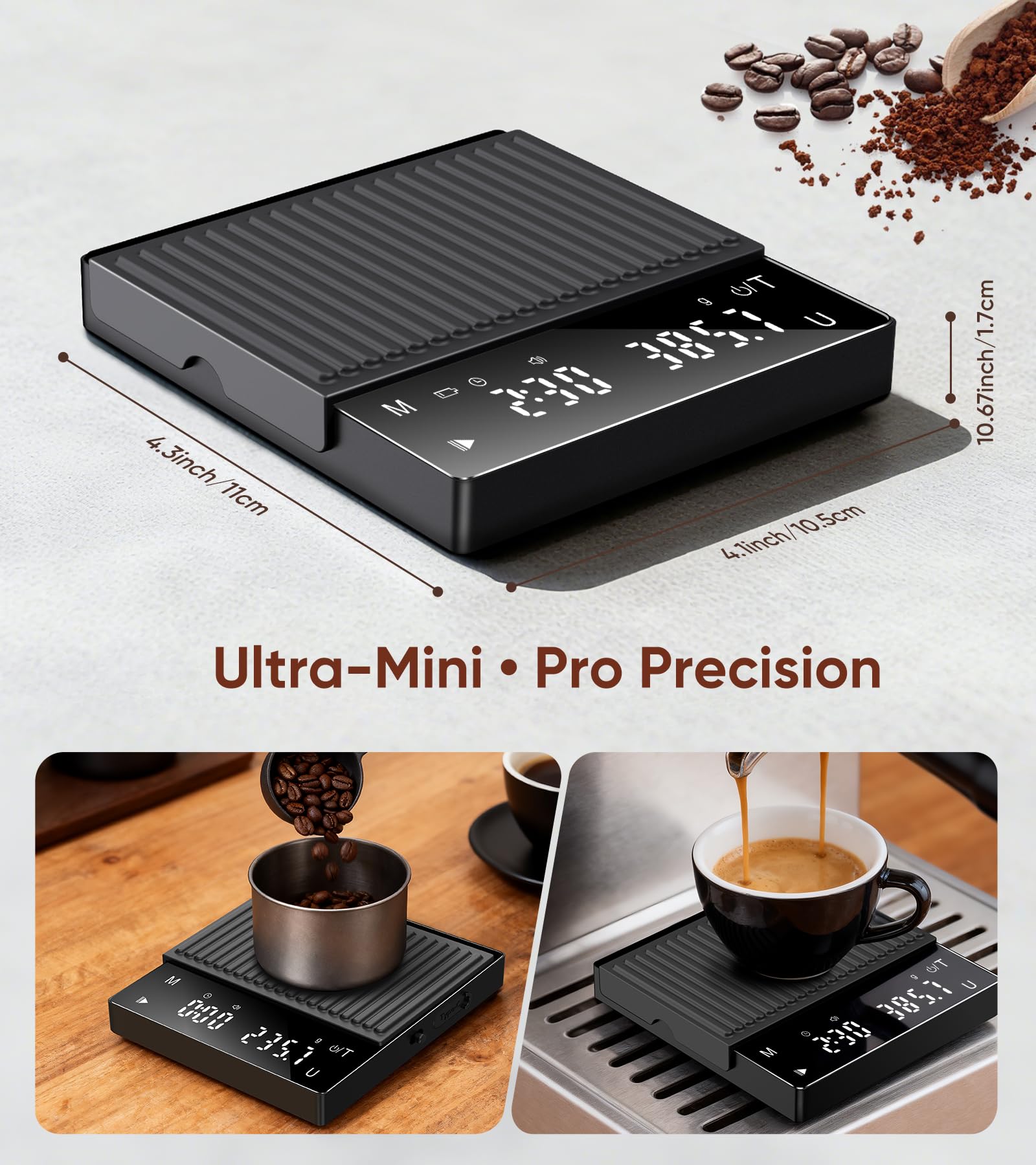 ApeWeghr scale demonstrates espresso timing for perfect extraction.