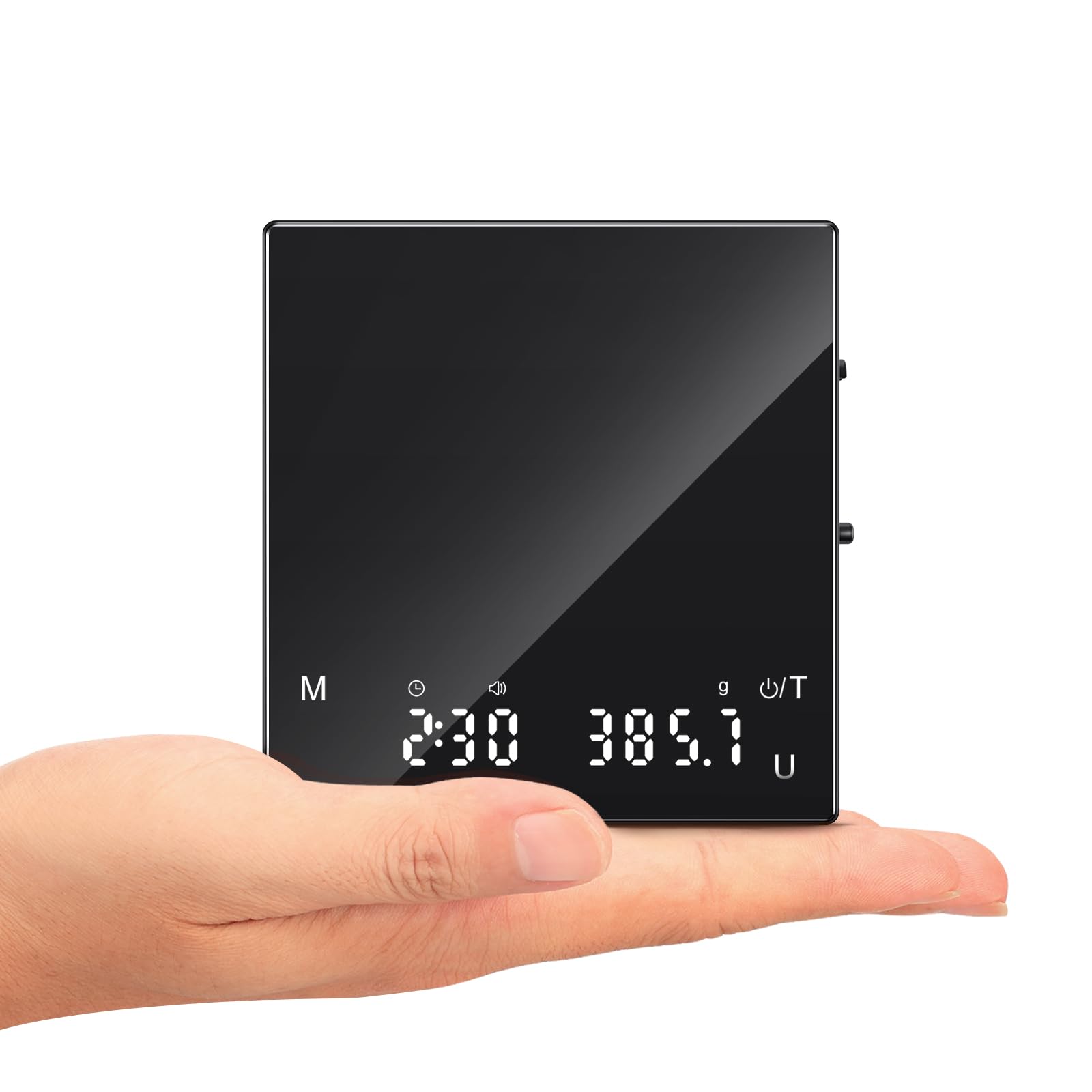 ApeWeghr rechargeable coffee scale top view showing compact footprint and precision.