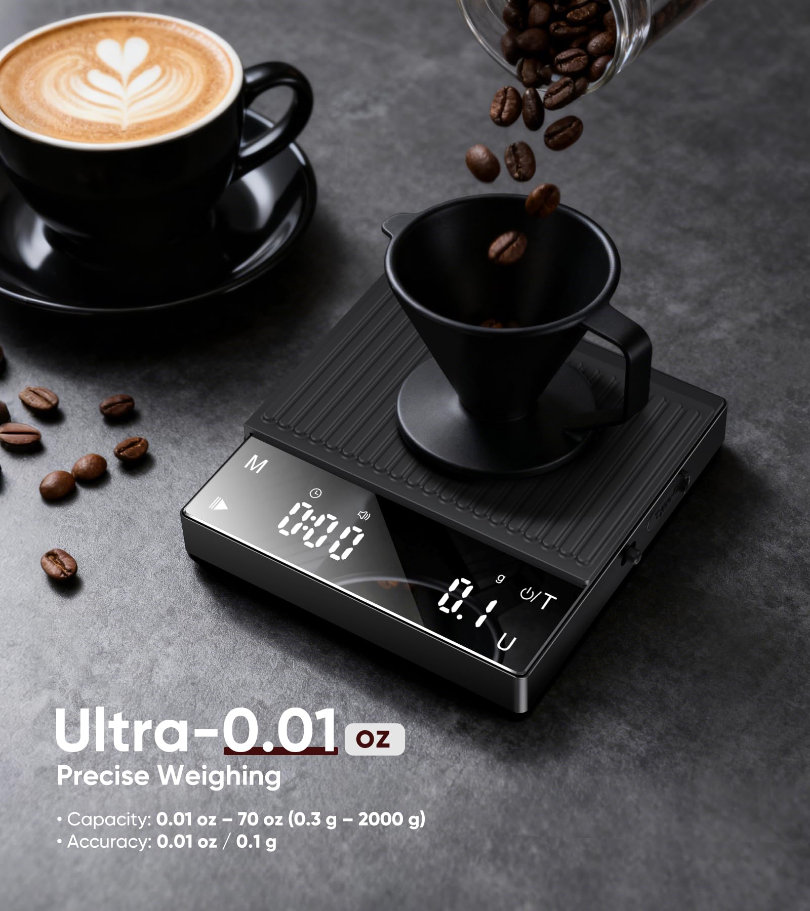 ApeWeghr scale fits under a compact espresso machine, saving counter space.