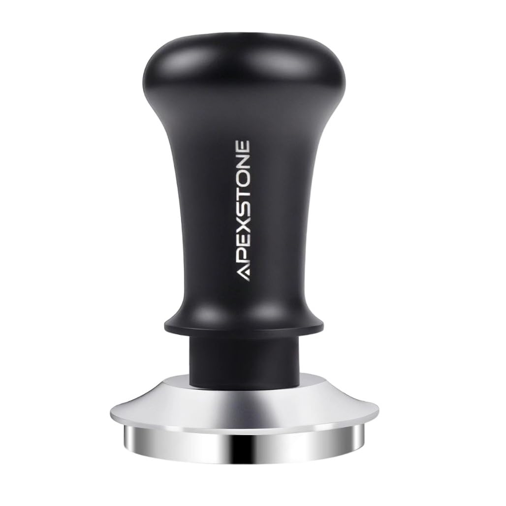 Apexstone 51mm coffee tamper close-up, stainless steel base for even tamp.